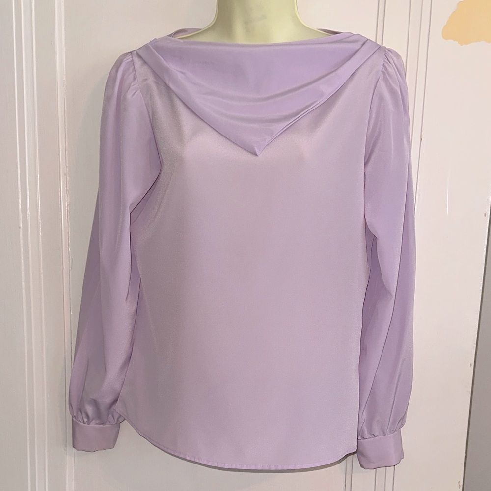 Vtg 70s/80s Kanga Lavender Thin‎ Polyester Long Sleeve Blouse/Drape Neck Scarf